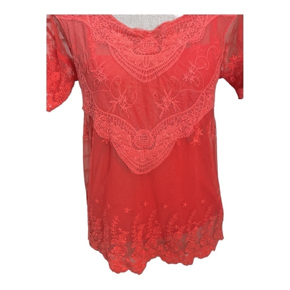 Sfera Coral Sheer Lace Embroidered Short Sleeve Top M - Picture 6 of 10